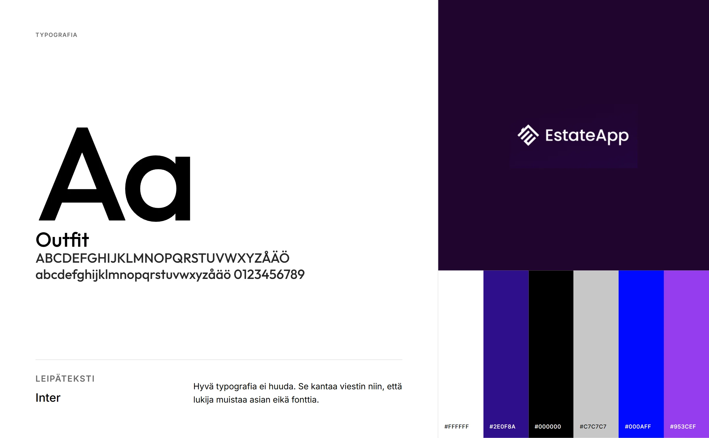 EstateApp: brändikortti, typografia Outfit ja Inter, väripaletti #FFFFFF, #2E0F8A, #000000, #C7C7C7, #000AFF, #953CEF