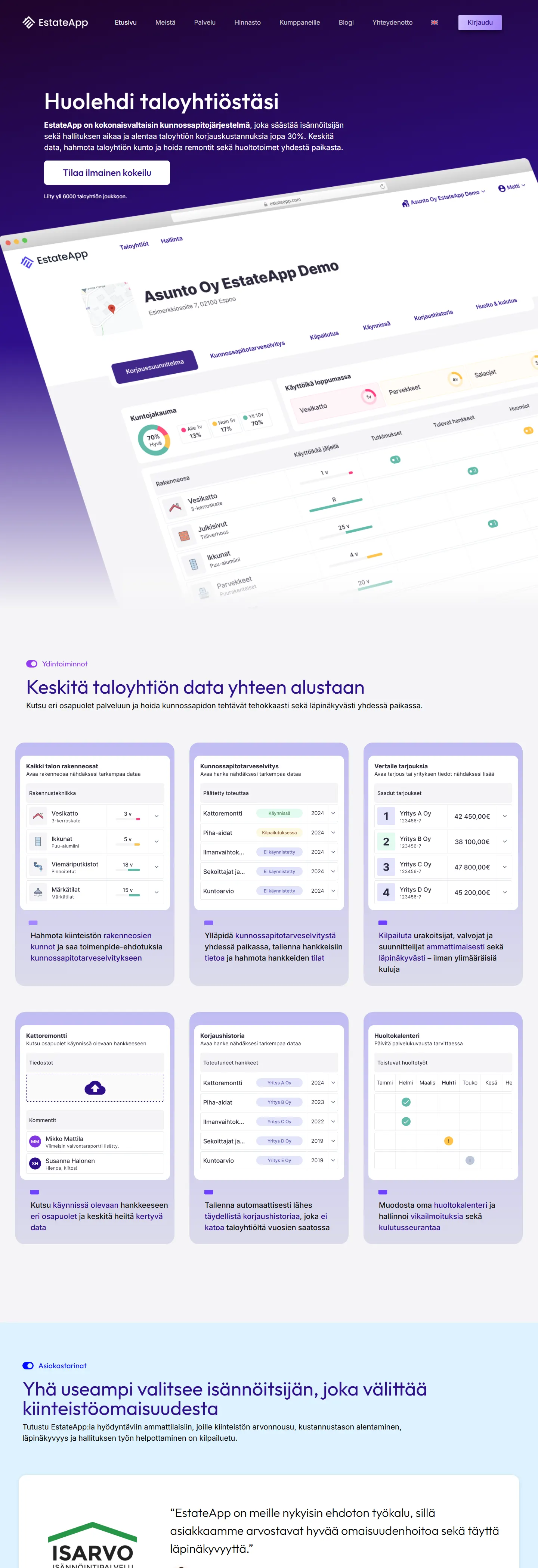 EstateApp: sivuston etusivu työpöydällä