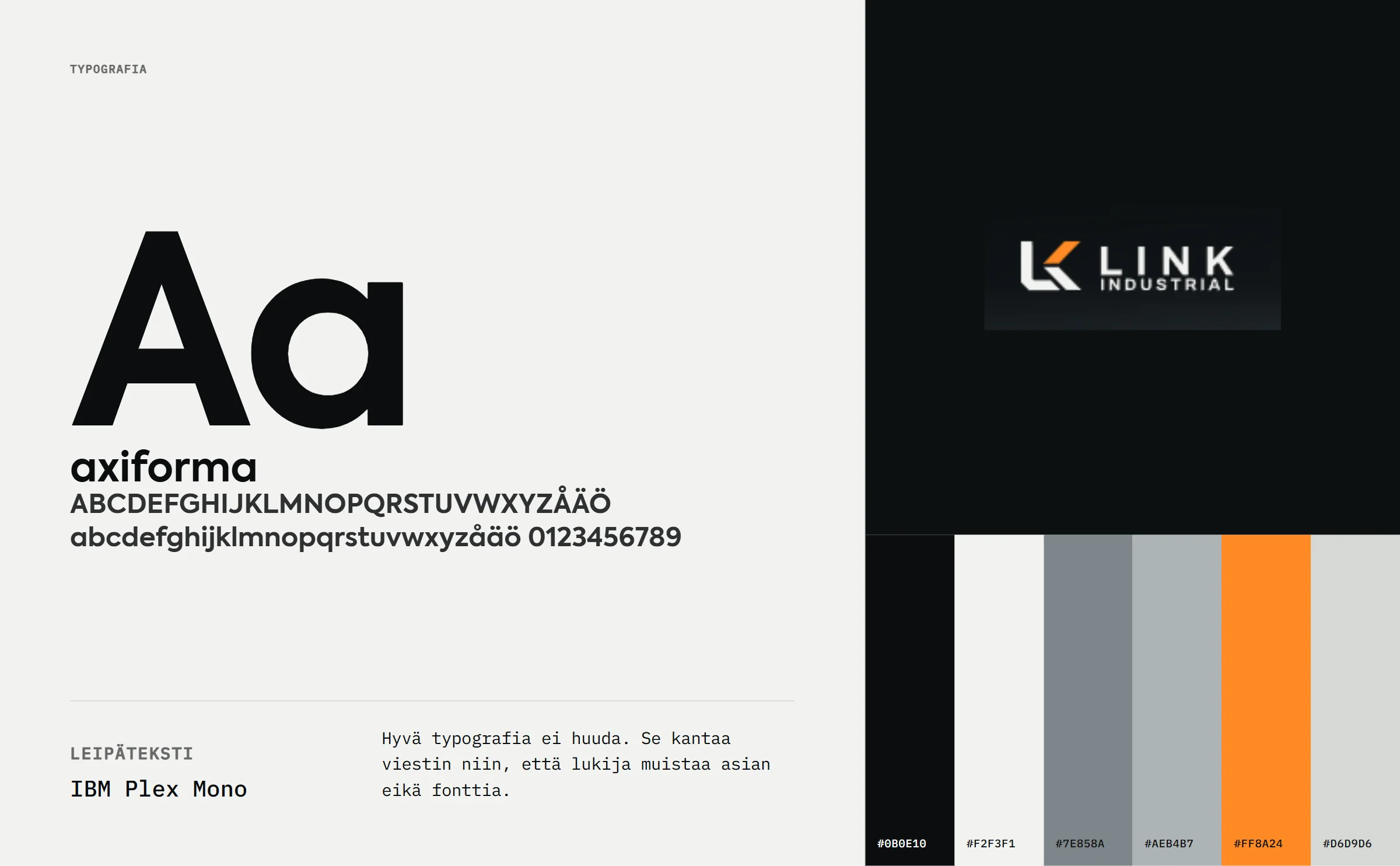 Link Industrial: brändikortti, typografia axiforma ja IBM Plex Mono, väripaletti #0B0E10, #F2F3F1, #7E858A, #AEB4B7, #FF8A24, #D6D9D6