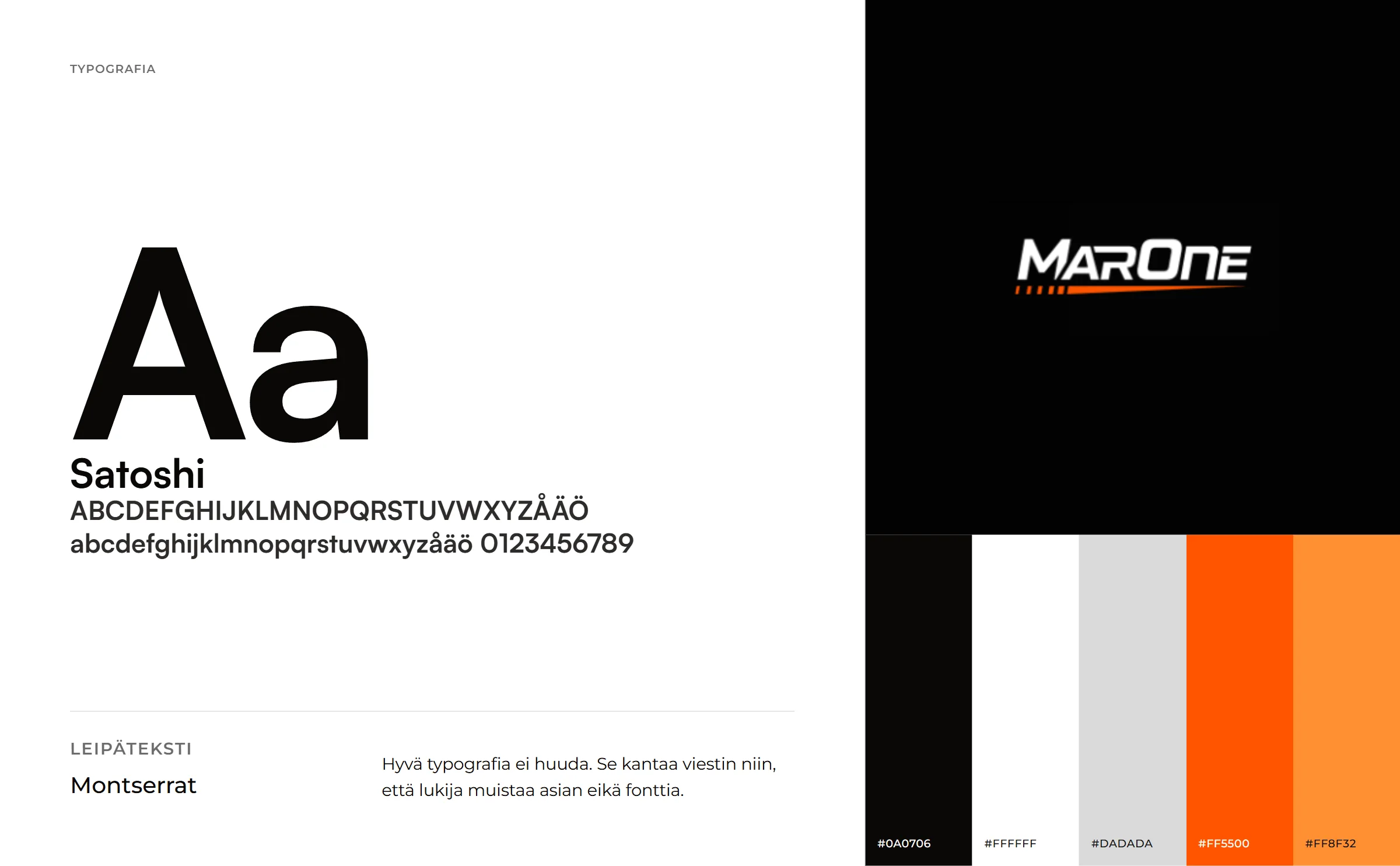 furia case marone brand Case Marone Marone: brändikortti, typografia Satoshi ja Montserrat, väripaletti #0A0706, #FFFFFF, #DADADA, #FF5500, #FF8F32