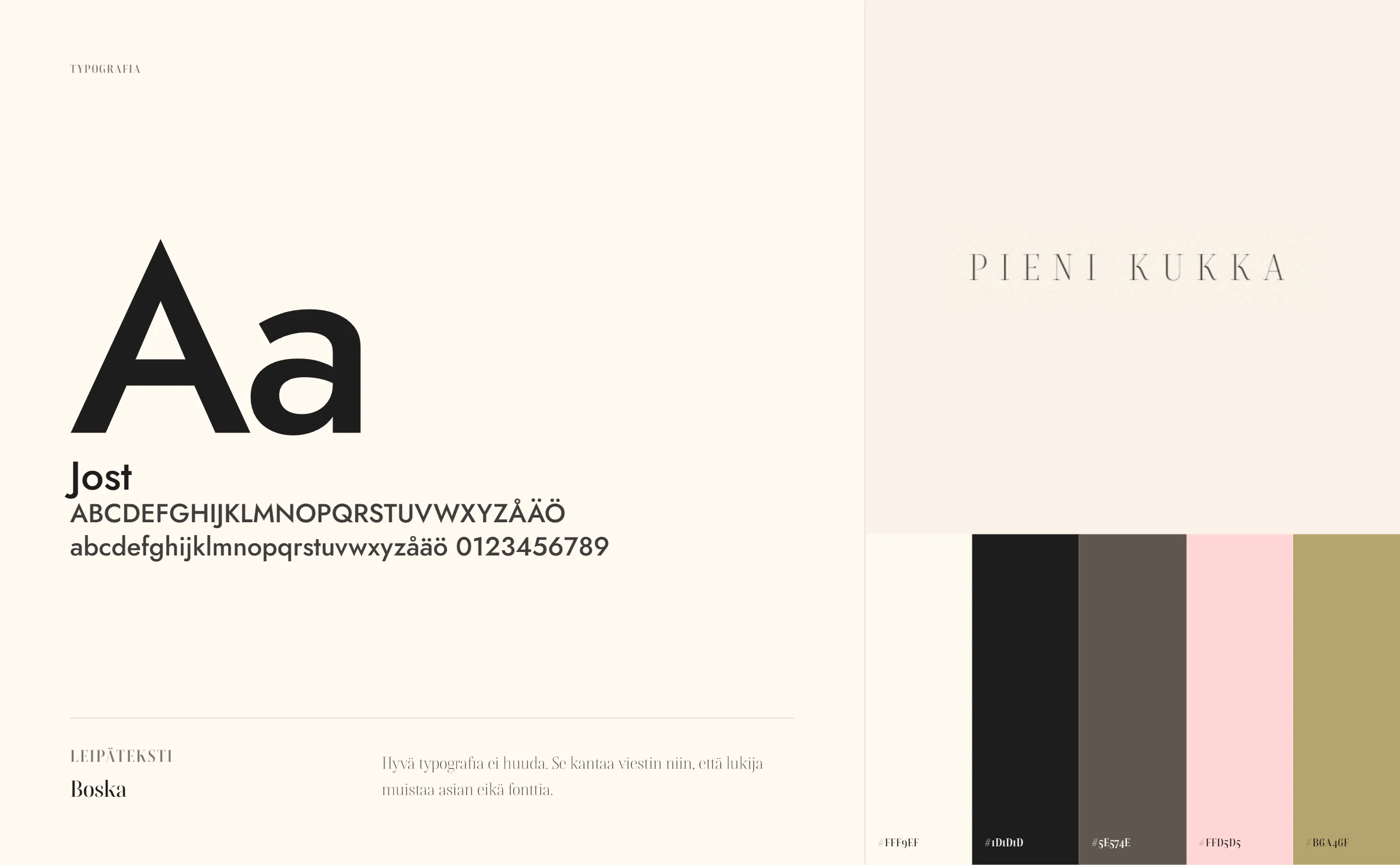 Pieni Kukka: brändikortti, typografia Jost ja Boska, väripaletti #FFF9EF, #1D1D1D, #5E574E, #FFD5D5, #B6A46F