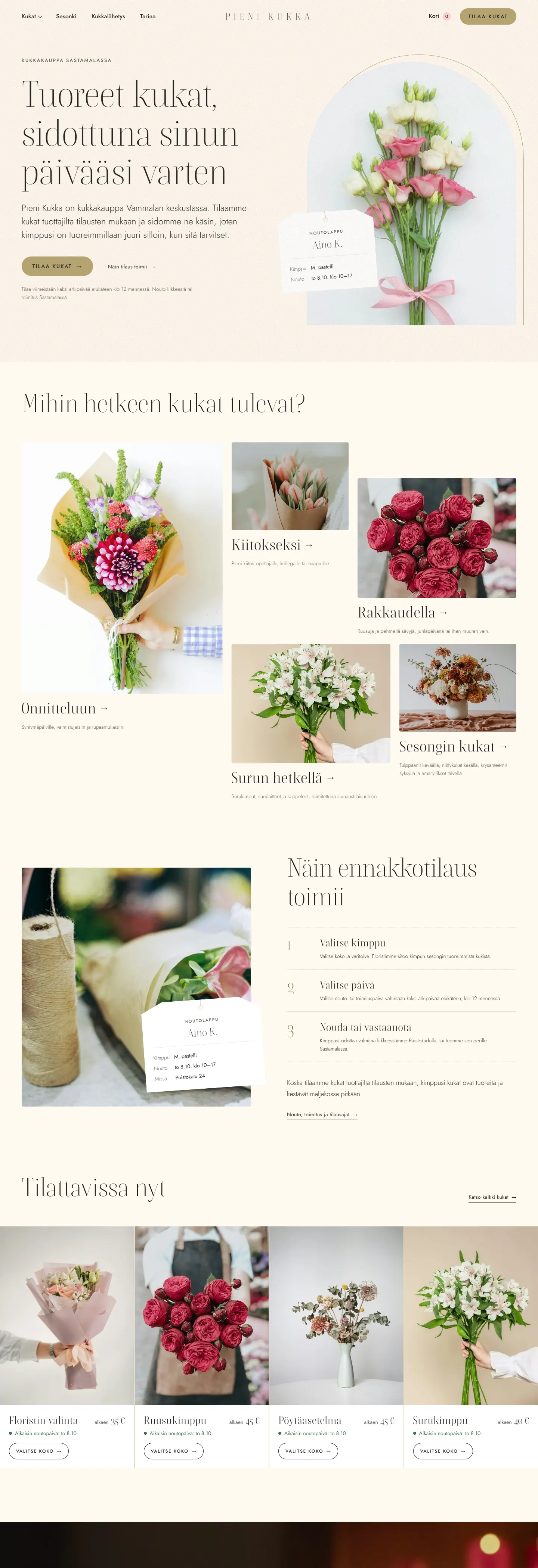 Pieni Kukka: sivuston etusivu työpöydällä