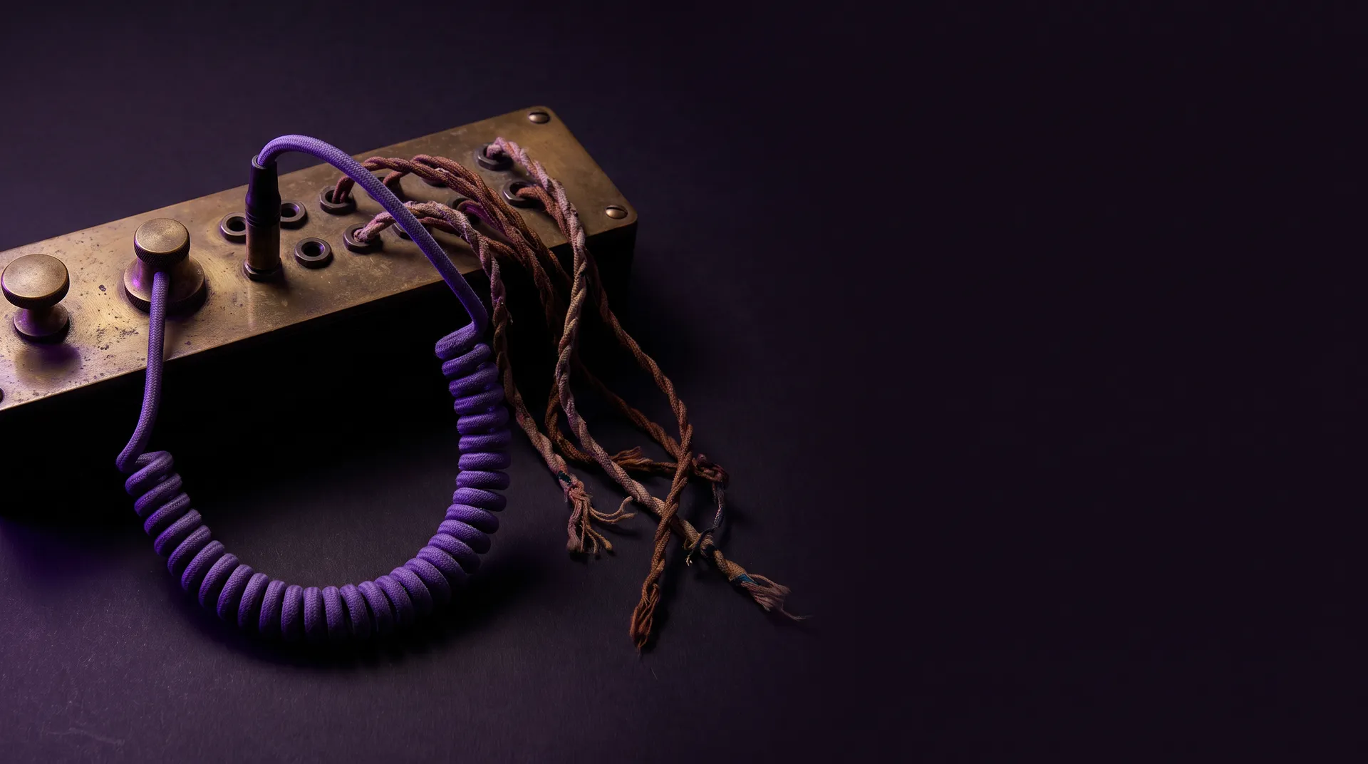 Vanha puhelinvaihteen kytkentätaulu, jossa vain violetti johto on kytketty