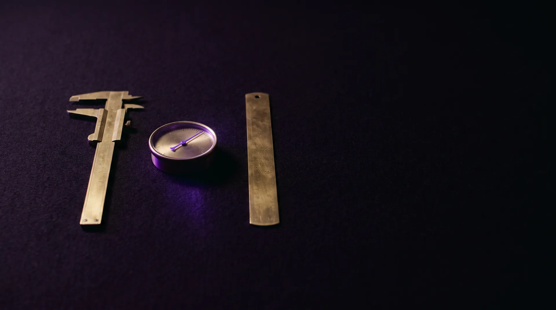 Messinkiset mittavälineet rivissä, mittarin neula violetti