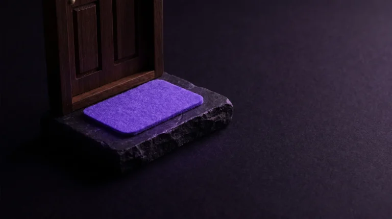 Ovenkarmi, sen edessä kiviaskel ja violetti ovimatto
