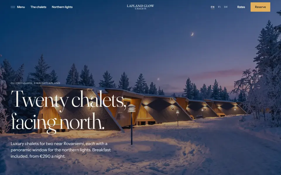 Lapland Glow Chalets: sivuston etusivu