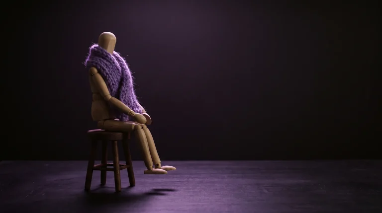 Puinen mallinukke jakkaralla violetti kaulahuivi kaulassa