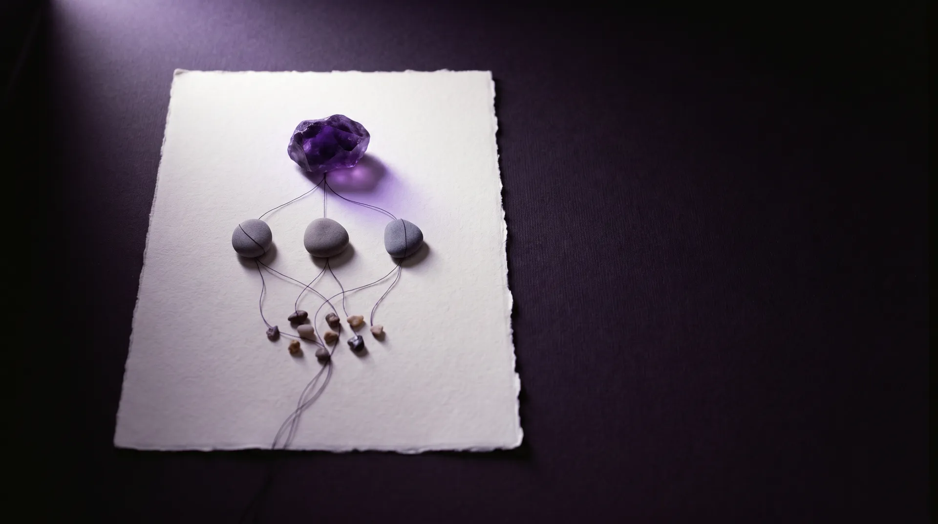 Kivet paperilla selkeässä järjestyksessä, ylimpänä violetti kivi