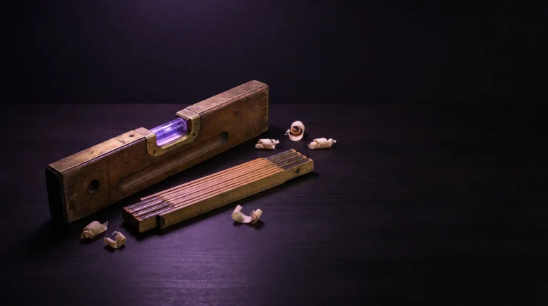 Vesivaaka ja taittomitta, vesivaa’an kupla hehkuu violettina