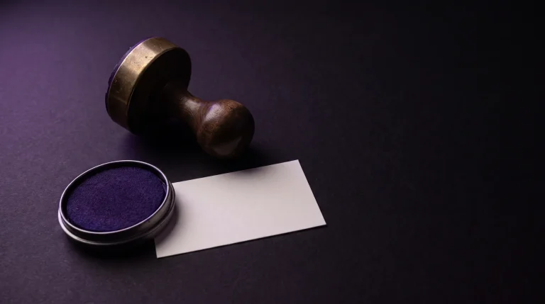 Leimasin kyljellään violetin leimasintyynyn ja tyhjän kortin vieressä